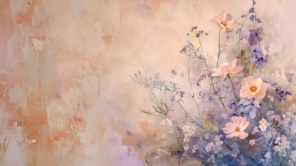 Subtelna akwarelowa kompozycja z delikatnymi różowymi i fioletowymi kwiatami na jasnym, pastelowym tle. 