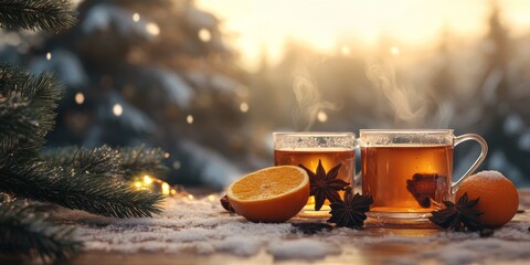 Cozy taiga tea featuring orange and spices, set against a warm winter or autumn backdrop with a fir tree. Perfect for capturing the essence of taiga tea in your imagery.
