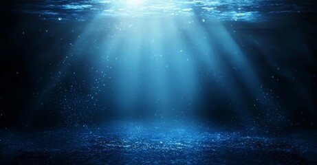 The underwater light, with sunlight filtering through the rippled surface, gives a realistic effect, reflecting in the deep blue sea or ocean depths.