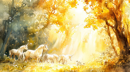Watercolor illustration of unicorns grazing in golden forest