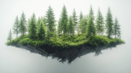Floating island with lush green forest and fog.