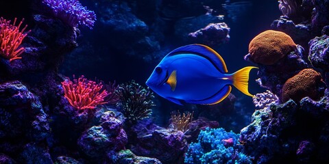Neon lights illuminate a blue tang fish gracefully swimming in an underwater fish tank, showcasing the vibrant colors and beauty of this blue tang fish in its aquatic environment.
