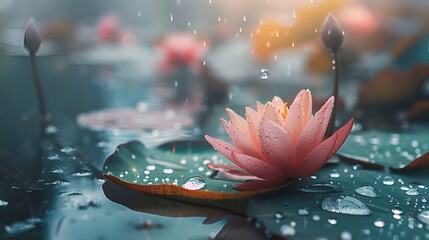 Serene pink lotus flower blossoms gently float on tranquil pond water with glistening dew drops