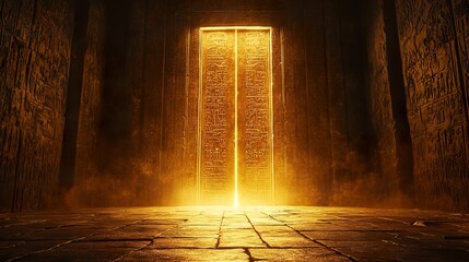Glowing golden door in ancient temple interior.
