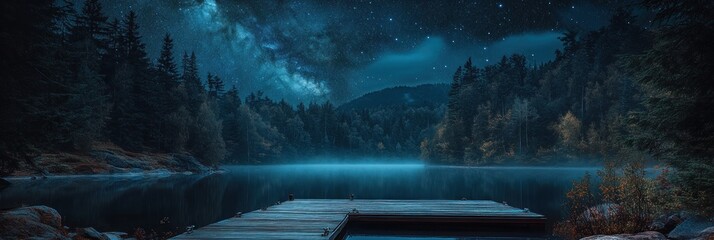 Serene night scene of a lake with a wooden dock under a starry sky.
