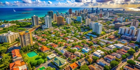 Aerial View of Waikiki Neighborhood, Honolulu, Hawaii: Streets, Buildings & Ocean Glimpse
