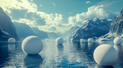 White Spheres floating creating a futuristic landscape 