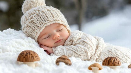 Sleeping newborn baby in winter clothes on snow with mushrooms.