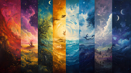 The creation story illustrated with vibrant images of the world being formed in seven days, each day a different scene. Aureole. Illustration