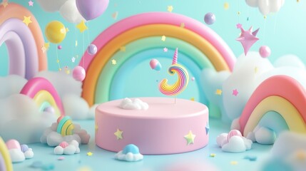 Whimsical rainbow unicorn celebration fantasy land digital art colorful environment playful view