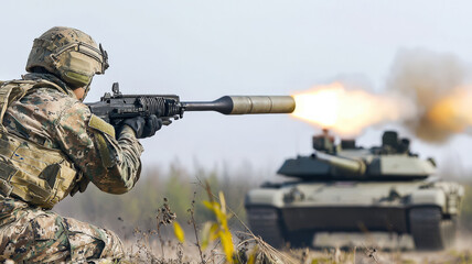 A soldier aiming a rocket-propelled grenade (RPG) at an enemy tank, preparing to fire, set in a high-intensity battlefield with smoke and debris in the background.
