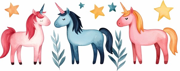 Cute pastel watercolor concept. Three colorful unicorns surrounded by stars and leaves in a whimsical style.