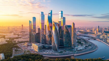 Innovative Skyscrapers in Golden Hour Cityscape
