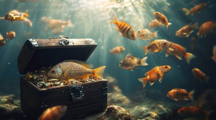 Vibrant Aquarium Decor with Treasure Chest and Fish