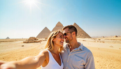 Smiling couple taking selfie at the pyramids