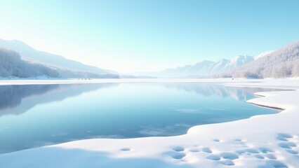 Thawing lake, Thawing lake embraces melting snow by clear hills