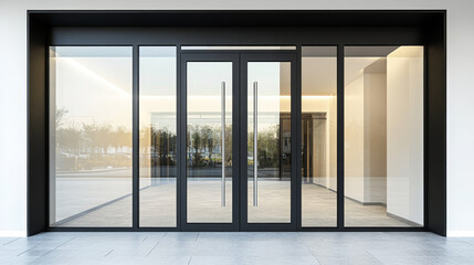 Modern black aluminium glass door isolated on white background, Shopfront entrance open window frame for interior store design