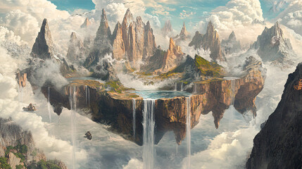 A surreal landscape where mountains float in the sky, connected by waterfalls, symbolizing the unbound creativity of the mind. 