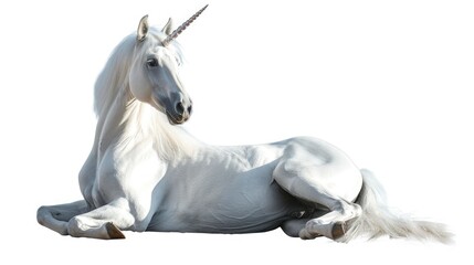A majestic, pure white unicorn lying down with a serene expression.