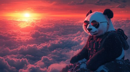 Cool panda, sunset cloudscape, mountaintop.
