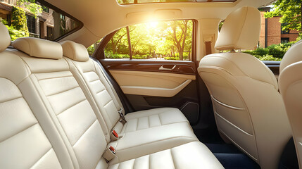 Backseat View of Car Interior Showcases Comfortable Cream Leather Seats with Sun Shining Through Open Window