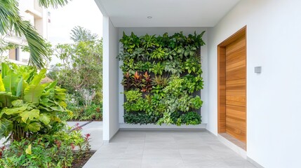 Garden greenery walls showcase sustainable design. Modern entrance with a vertical garden and wooden door.