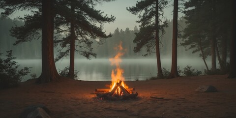 Tranquil campsite by a serene lake surrounded by pine trees and warm campfire glow
