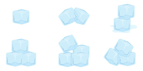 Cartoon-style ice cubes set featuring transparent blue frozen water in various arrangements. Perfect for beverage designs, cocktail illustrations, summer themes, and cooling concepts in vector style.
