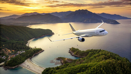 At sunrise on a summer morning, a white passenger airplane soars gracefully over picturesque islands and sparkling sea, offering a breathtaking aerial view of tranquil seashore, majestic mountains