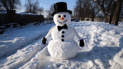 Bałwan w cylindrze na śnieżnej ulicy