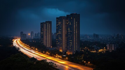 Bangalore city lights up at night. High rise buildings, city streets glow. Highway traffic lights blur in motion. Trees, park areas around city. Urban landscape. Cityscape at twilight. Night time