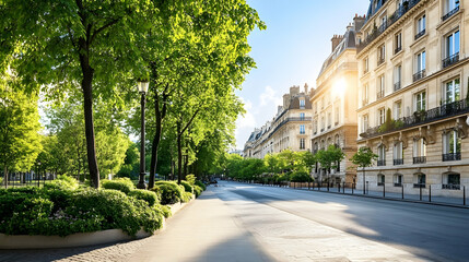 Parisian street, morning sun, trees, buildings, quiet, calm, travel photography.