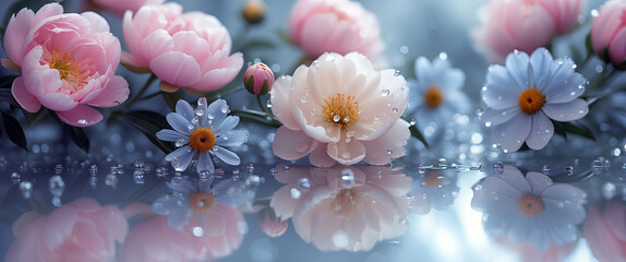 Różowe róże i niebieskie kwiaty polne z kroplami wody