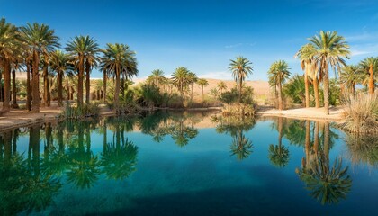 A serene desert oasis with palm trees reflected in a clear blue pond.