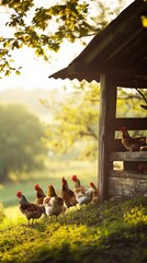 Chickens by a coop at sunrise on a farm.