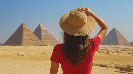 Tourist holding her hat while admiring giza pyramids in egypt