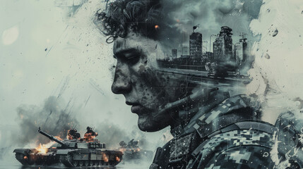 A soldier's face profile blends with war scenes, including burning tanks, on a light, abstract background. Concept of war and reflection