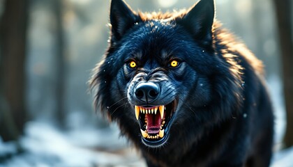 Majestic Black Wolf in Winter Forest: A Portrait of Wild Power