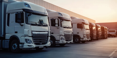 A row of trucks is parked neatly in front of a modern warehouse, ready for shipping goods at dusk