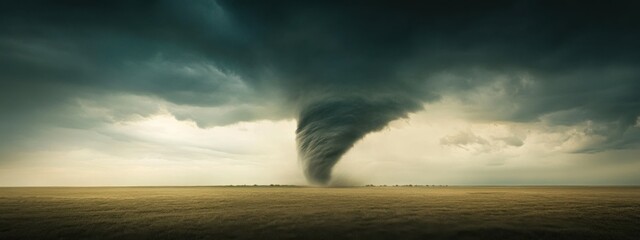 A shot of a tornado swirling across a flat prairie landscape, Tornado scene, Dynamic style