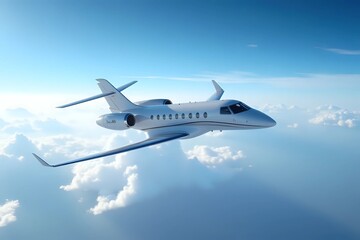 Luxury private jet at flying under blue sky with clouds. copy space for text