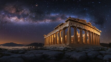 Parthenon at night under the Milky Way galaxy.
