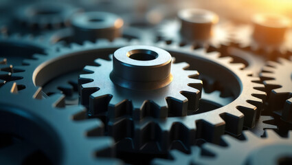 Makro-zdjęcie blokujących metalowych kół zębatych przedstawiające inżynierię, pracę zespołową i mechaniczną precyzję w środowisku przemysłowym.
