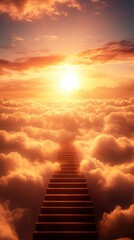 A serene staircase emerges from clouds, leading toward a radiant sunset, evoking a sense of wonder and tranquility.