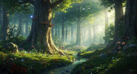 A digitally created image of a mystical forest scene featuring a flowing stream, lush vegetation, vibrant flowers, and enchanting mushrooms