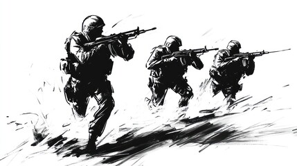 A silhouette of soldiers in action, abstract and bold sketch style, black and white 