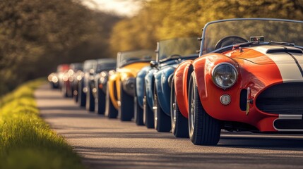 Colorful classic cars line the road in a vintage car rally during a sunny afternoon