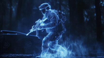 The soldier hologram. Holographic projection military. Flickering energy flux of particles. A soldier with a gun