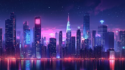 Sygnal Wi-Fi nad rozświetloną nocą miejską, z nowoczesnymi wieżowcami i jasnymi światłami, uwydatniający technologiczną przyszłość i dynamiczny charakter miejskiego krajobrazu.