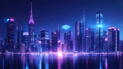 Sygnal Wi-Fi nad rozświetloną nocą miejską, z nowoczesnymi wieżowcami i jasnymi światłami, uwydatniający technologiczną przyszłość i dynamiczny charakter miejskiego krajobrazu.